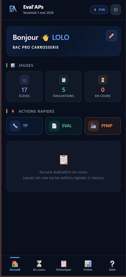 Écran d'accueil avec annotations des zones principales