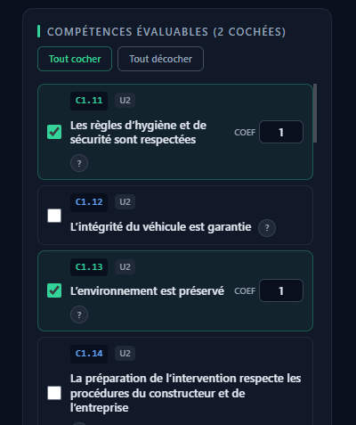 Capture du formulaire TP avec compétences cochées et coefficients