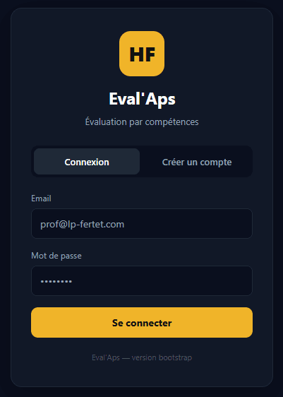 Écran de connexion avec champs Nom et PIN