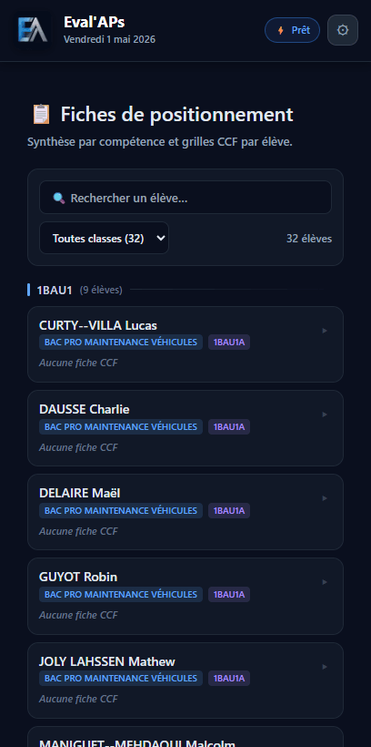 Liste des fiches élèves avec filtres