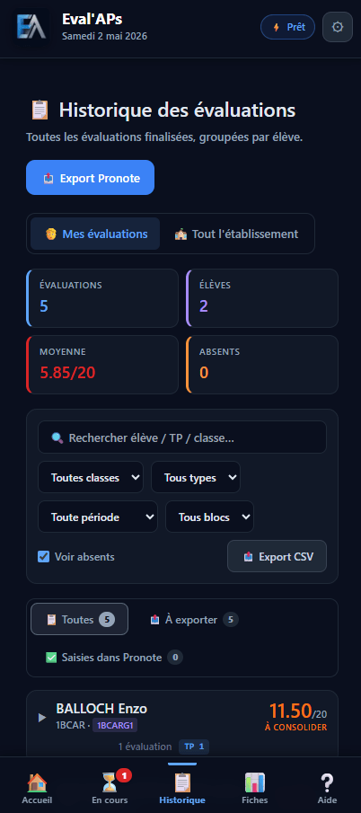 Page Historique avec liste d'évaluations