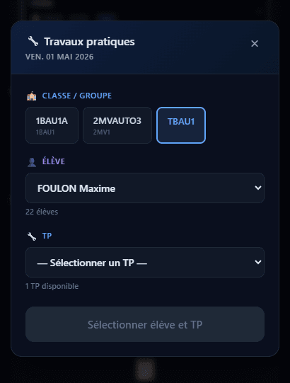 Popup de saisie avec sélection classe et élève