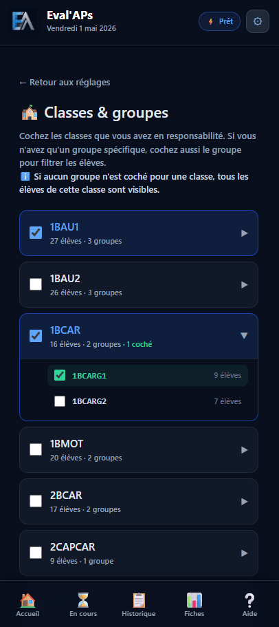 Page Classes & groupes avec cases cochées