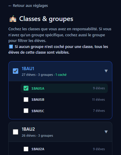 Capture page Classes & groupes avec arborescence