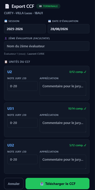 Capture du popup d'export simplifié avec juste la liste des blocs